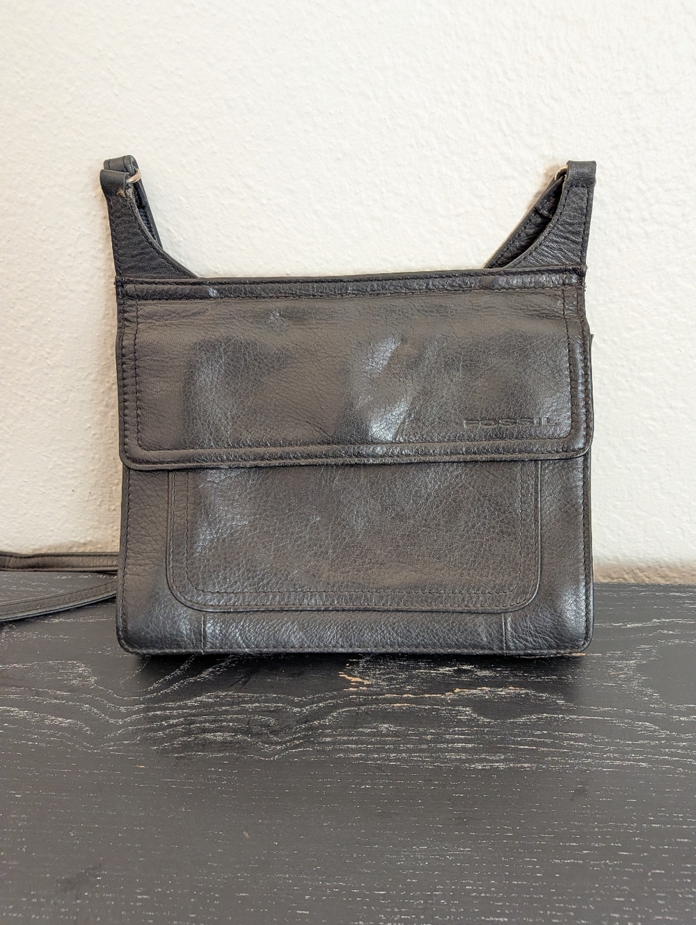 Fossil Vintage Black Leather Double Sided Flap Crossbody Bag Purse Wallet Slim